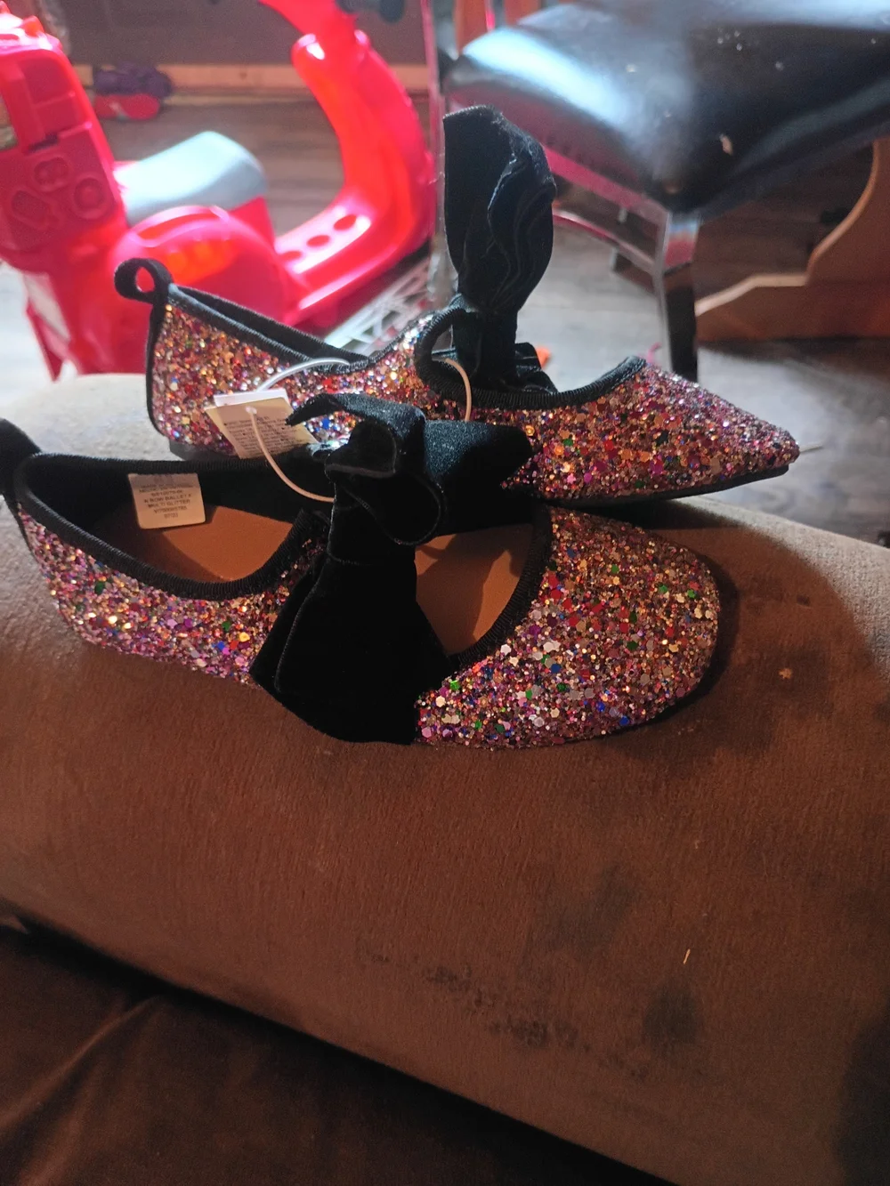 Old Navy Girls' Multicolor Glitter Flats with Black Velvet Bow